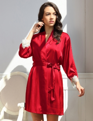 Red Silk Satin Lace Splice Sexy Women Two-piece Home Pajamas