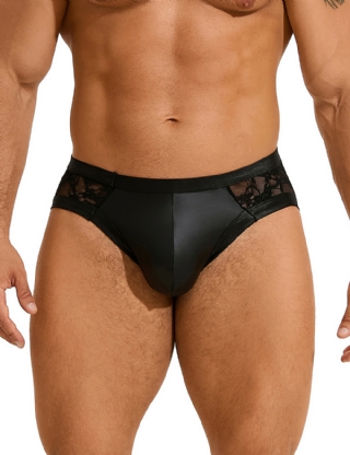 Black Sexy PU Leather Lace Men Underwear