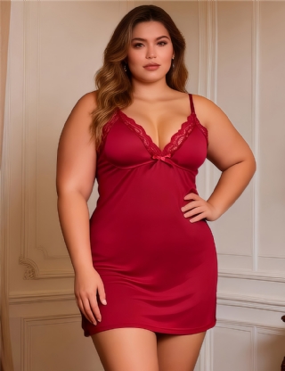 Burgundy	 Sexy Modal Lace Bow Suspender Nightdress