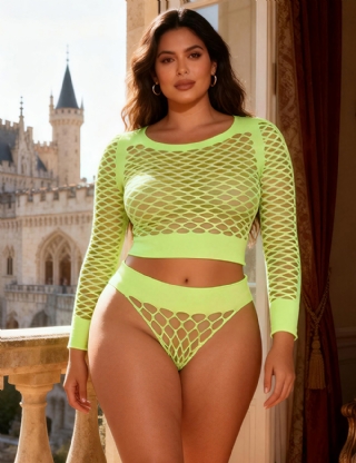 Green Long Sleeve Two-Piece Bodystocking With Fishnet Crop Top And Bottom