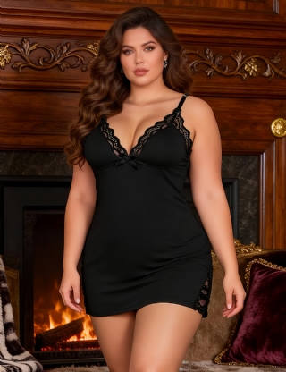 Black Sexy Modal Lace Bow Suspender Nightdress