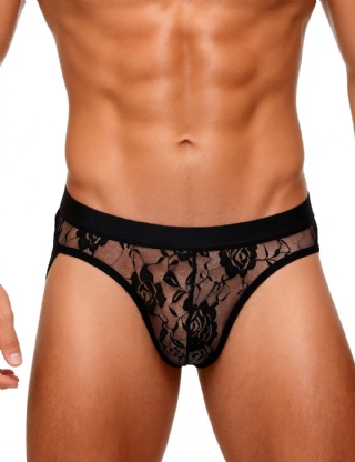 Black  Lace See Through Elastic Band Men Jock Underwear