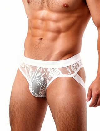 White  Lace See Through Elastic Band Men Jock Underwear