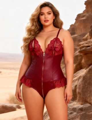 Burgundy	 Sexy PU Leather Lace Zipper Bodysuit