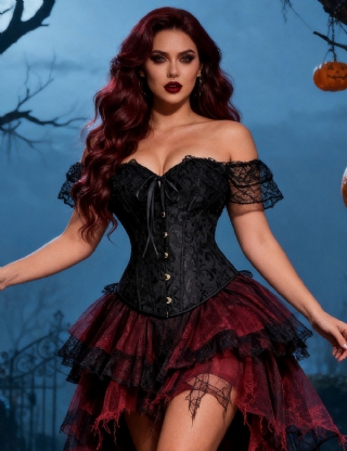 Black off Shoulder 12 Pieces Plastic Bones Lace Corsets with Panties