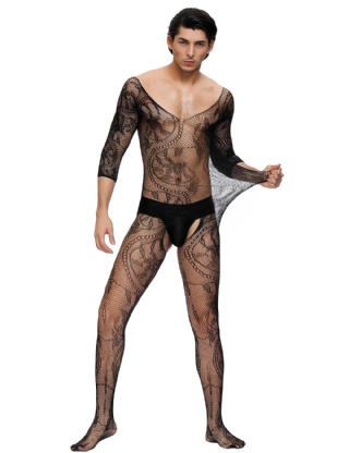 Fishnet & Lace Crotchless Floral Black Bodystockings For Men