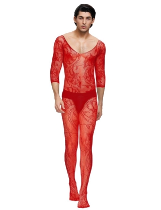 Fishnet & Lace Crotchless Floral Red Bodystockings For Men