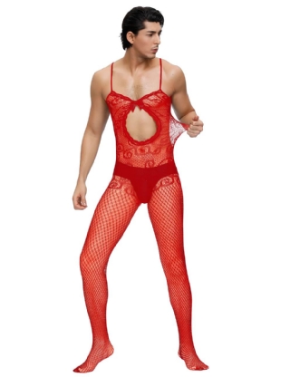 Sexy Red Crocheted Fishnet Bodystockings For Men