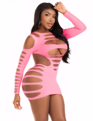 Rose Sexy Long Sleeves Hollow Out Bodystocking