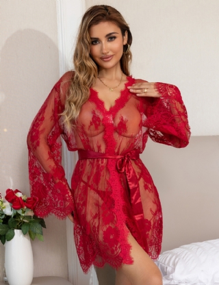 Sexy Long Sleeve Eyelash Lace Short Red Sleepwear With Thong