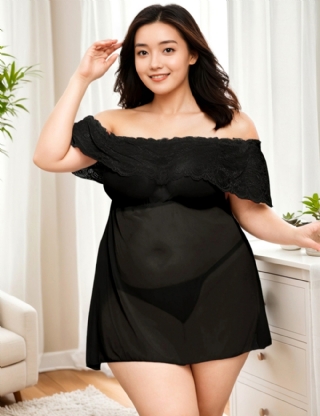 Plus Size Valentine‘s Day Style Black Off-Shoulder Lace Sexy Babydoll