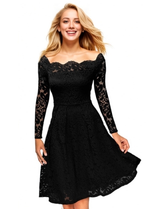 Long Sleeve Fashion Black Lace Midi Dress