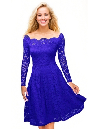 Long Sleeve Scalloped Blue Lace Midi Dress