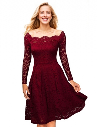 Dark Red Lace Long Sleeve Off Shoulder Dress