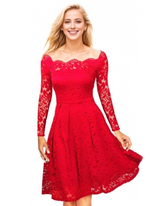 Long Sleeve Fashion Red Lace Midi Dress