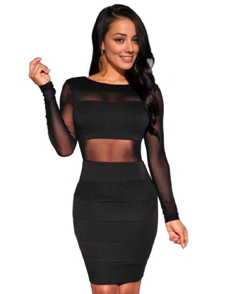 Black Mesh Inserts Long Sleeves Dress