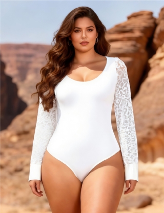 White Sexy Swim Cloth Lace Sleeves Round Neck Open Crotch Bodysuit