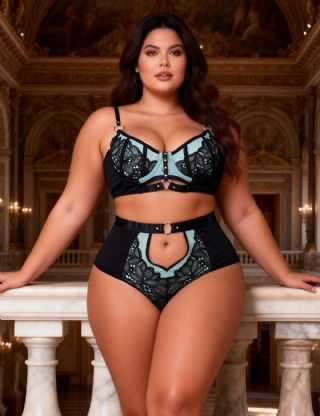 Plus Size Blue Exquisite Sexy Lace Splice Bra Set With Underwire
