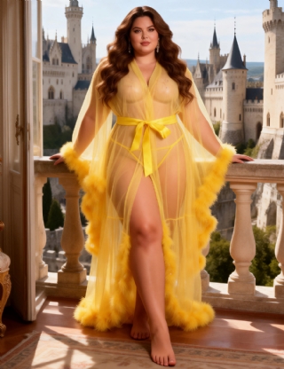 Hot Sale Yellow Long Sleeves Fur Nightgowns with Belt